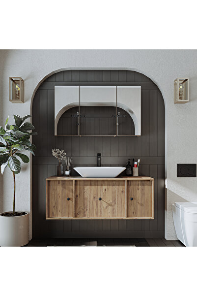 ROOMART Lavabolu Mat Mdf 120 Cm Çekmeceli Banyo Dolabı + Aynalı Üst Dolabı