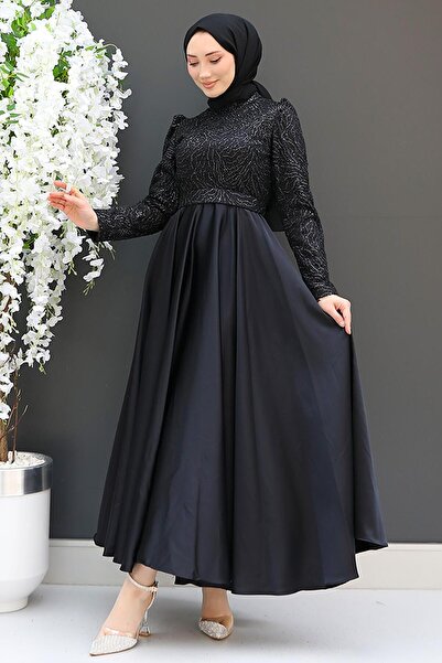 GİZ AGİYİM Black Satin Evening Dress - Embroidered
