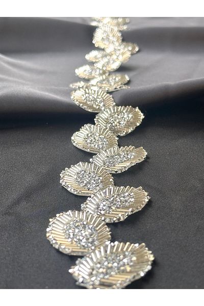 ODDA TASARIM ATÖLYESİ Colorful Silver Bead and Crystal Leaf Pattern Iron-On 1M Adhesive Design Ribbon