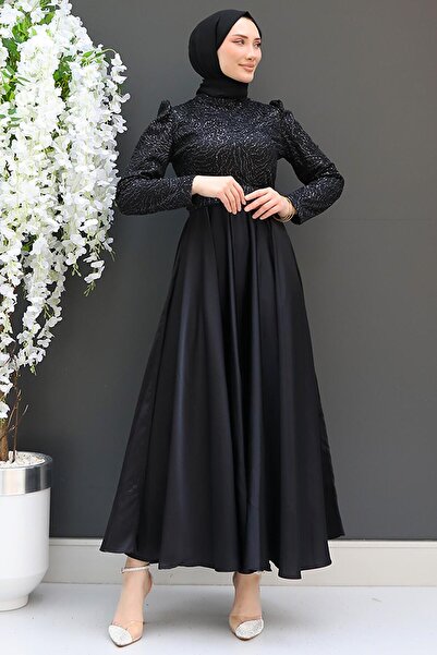 GİZ AGİYİM Black Satin Evening Dress - Embroidered