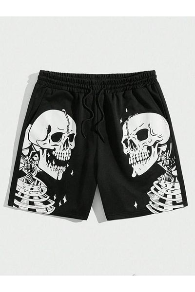 Gofeel Skeleton Printed Black Unisex Combed Cotton Shorts