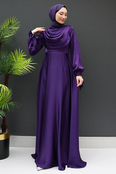 GİZ AGİYİM Βραδινό φόρεμα Dark Purple Degaje - Μανίκι δεμένο