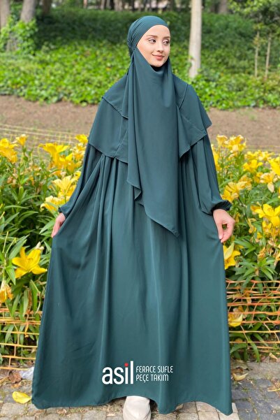 ASİLNUR Asil Ferace Sufle Peçe Takım Zümrüt Yeşili (ÜÇ PARÇA SET)