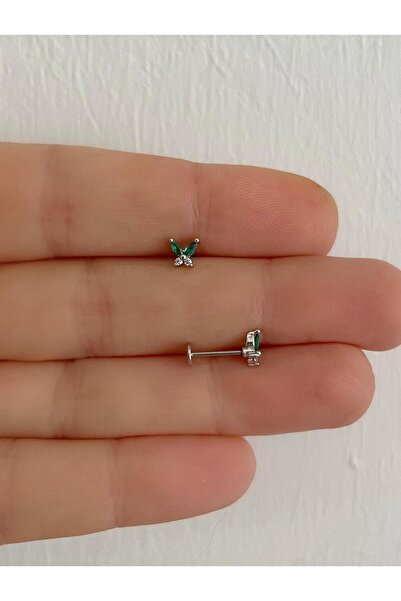 Arescollection 1 adet yeşil  zirkon taşlı kelebek arkası düz önden takmalı tr...