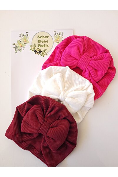 SeherBebeButik Kız Bebek & Çocuk Renkli Fiyonklu Bone 3'Lü Set