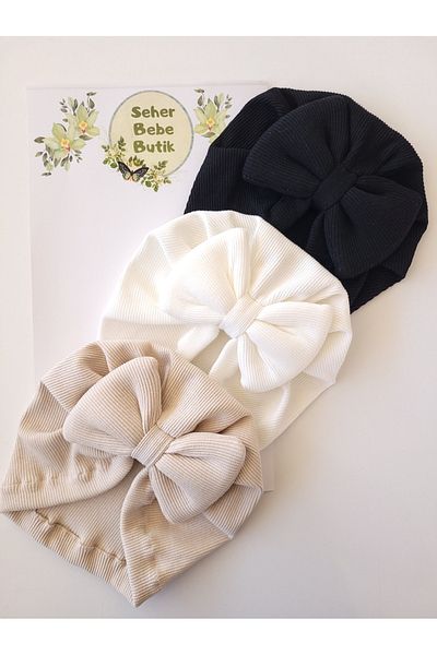 SeherBebeButik Baby Girl and Children's Bonnet with Colorful Bow - Set of 3