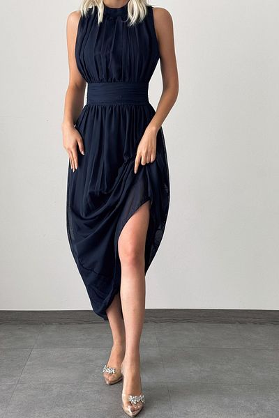 bayansepeti Rochie maxi din șifon bleumarin - Guler și spate decoltat, fără mâneci, căptușite 099