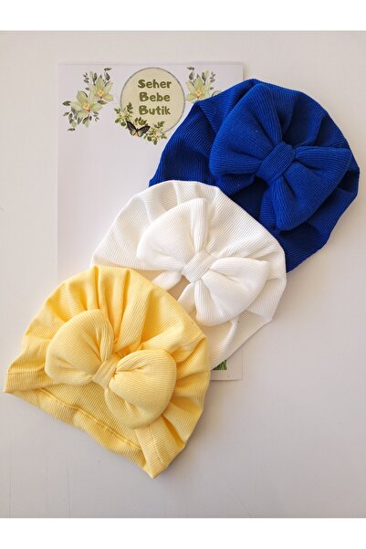 SeherBebeButik Kız Bebek & Çocuk Renkli Fiyonklu Bone 3'Lü Set