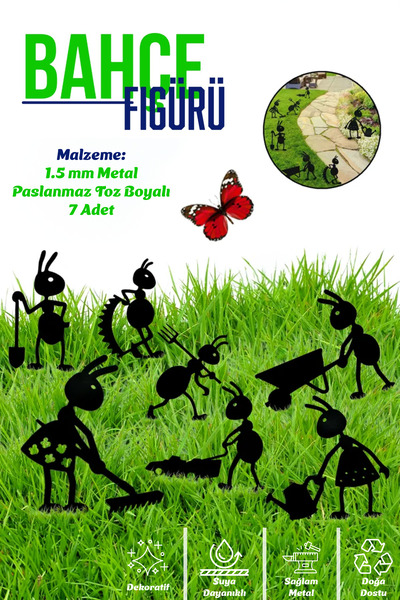 3art Metal Dekoratif Bahçe Süsleri - 7'li Set Metal Karınca - Saksı Üstüne He...