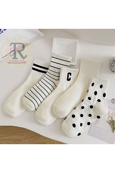 trampler Unisex 5 ζευγάρια απλές ριγέ κάλτσες με στίγματα Socket Λευκές μαύρες κάλτσες