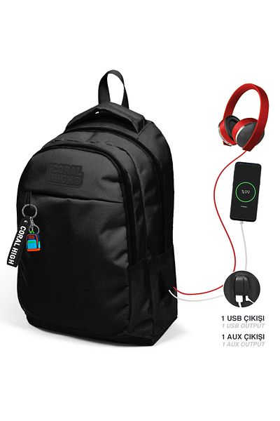 Coral High حقيبة ظهر للمدرسة الابتدائية والثانوية باللون الأسود - مزودة بمخرج USB وAux