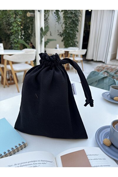 Sumicorn Design Siyah Çevre Dostu Bez Büzgülü İpli Düzenleyici Kese,Makyaj Çantası,Bez Poşet