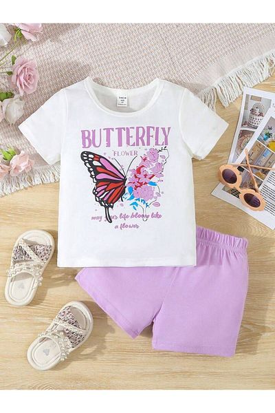 LOUİSA Lilac Butterfly Printed Girls' Shorts and T-shirt Set