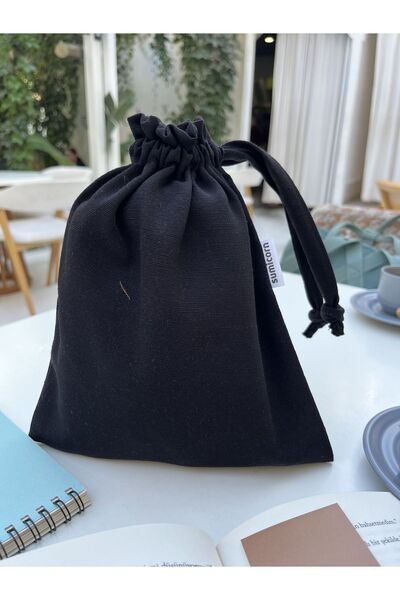 Sumicorn Design Siyah Çevre Dostu Bez Büzgülü İpli Düzenleyici Kese,Makyaj Çantası,Bez Poşet