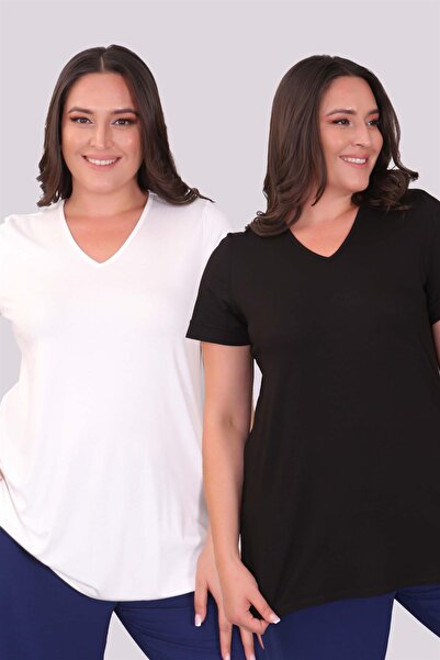 Trend42plus Black-White V-Neck Basic Blouse 2 Pack