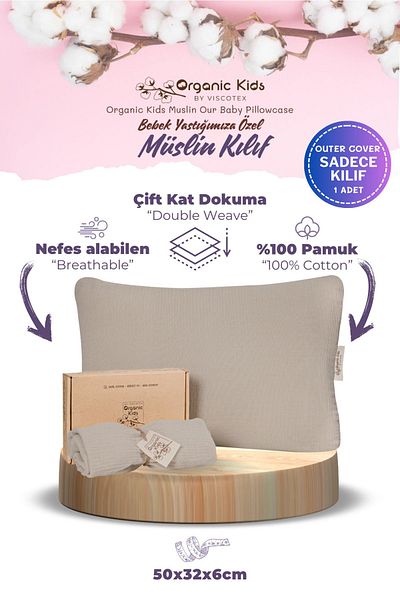VİSCOTEX Double Layer Muslin Baby Pillowcase, 100% Organic Cotton, 50x32x6 cm