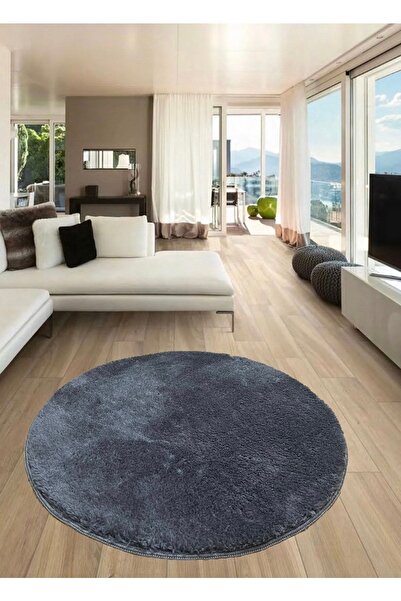 KAPLANSOY CARPET Banyo Paspası Post Peluş Banyo Halısı Yuvarlak Daire Antrasit