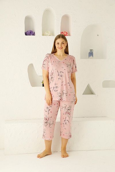 bie's Pink Floral Patterned Viscose Women's Pajama Set - V-Neck, No Button, Large Oversize
