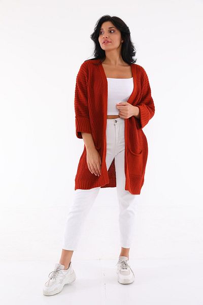 Devinka Cardigan din tricot cu buzunar lung, model oversize, gresie