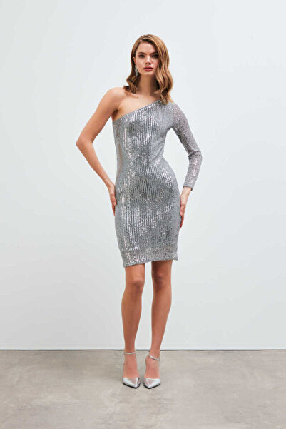 Gusto Φόρεμα με έναν ώμο με παγιέτες - Ασημί