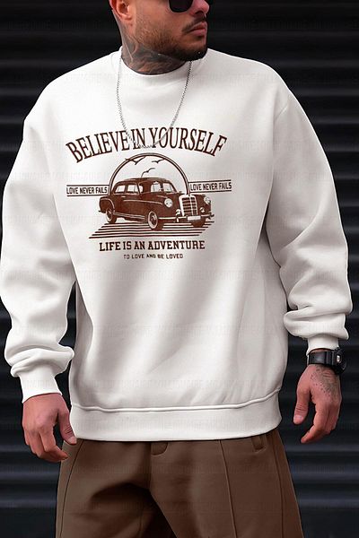 Millionaire Ανδρική εκρού κρεμ εκρού Believe με στάμπα 0 Crew Neck Oversize Loose Loose Fleece φούτερ