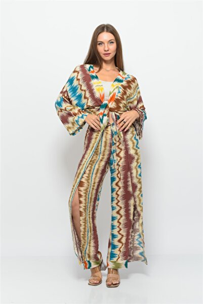 Nuseel Wave Patterned Pareo Trousers Patterned Brown-Turquoise