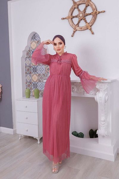 PİNK FLY Broderie Tesatura Scallop Dantela Detaliata Lungime Lungime Captusita Rochie Hijab Femei