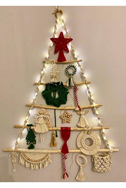 EL YAPIMI Yılbaşı Ağacı Makrome Işıklı Süslemeli 90x60 Cm