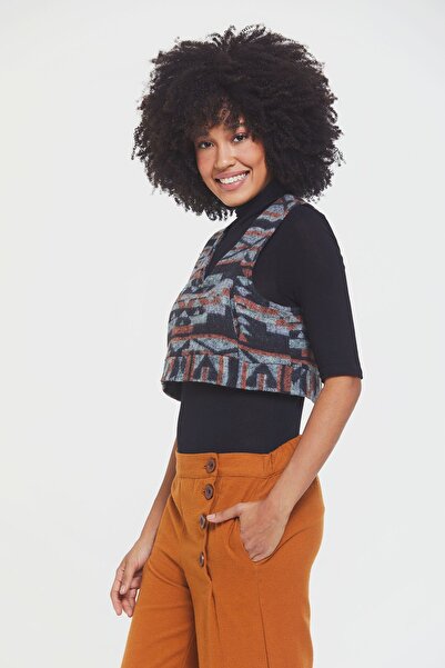 Clandestino Ethnic Patterned Short Sweater Vest Black