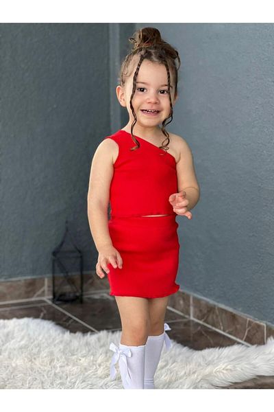 meqlife Girl's One Shoulder Crop Skirt Suit Red