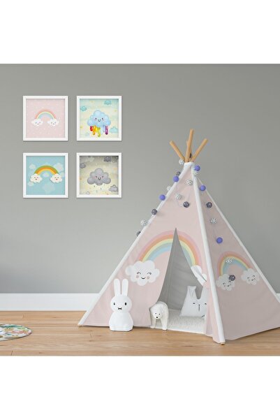 CİCİ ODAM Çocuk Bebek Odası Oyun Çadırı Pembe Zemin Gülen Bulut Gökkuşağı