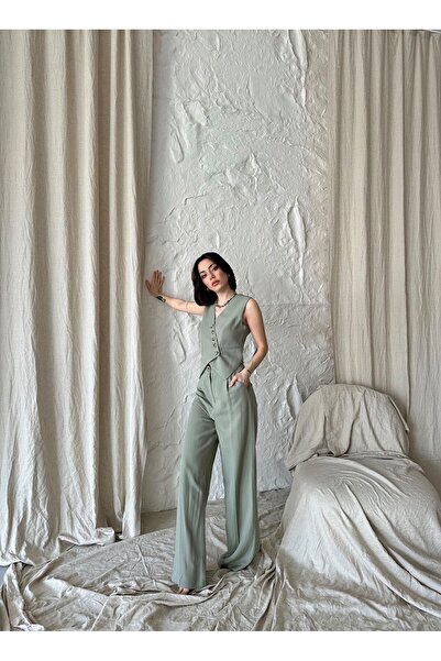 Laluvia Khaki színű 100% pamut keresztgombos mellény nadrág szett