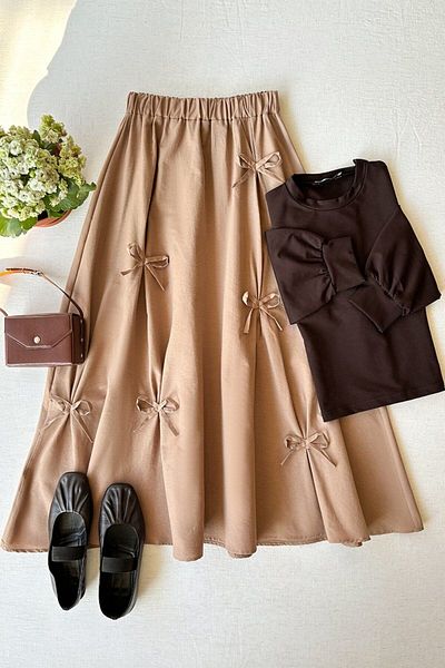 Ceylan Otantik Chocolate 2 Yarn Crop & Caramel Bow Skirt Set