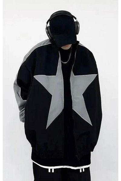 Gothicas Y2k Unisex Vintage Jacket - Black Star Star, Parachute Grey Block Detailed