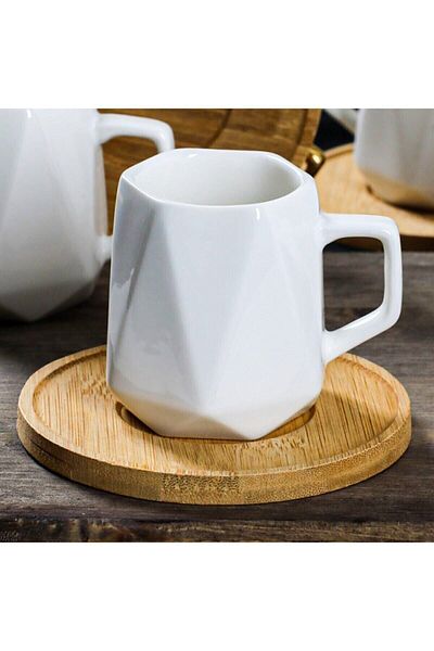 YzHome White Porcelain Prism Set of 6 Bamboo Saucer Coffee Cups