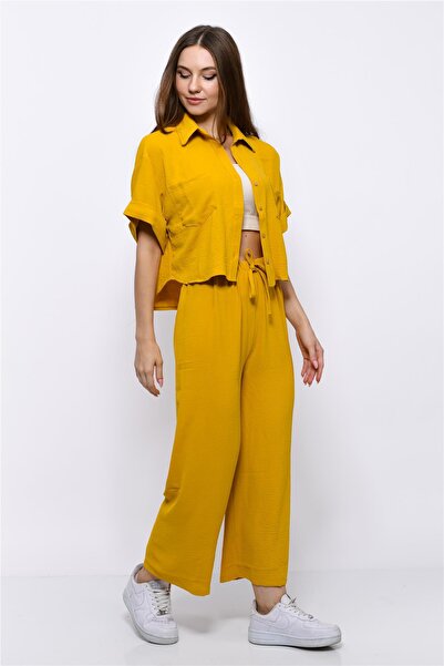 Nuseel طقم قميص Aerobin قصير بخصر مطاطي مكون من قطعتين باللون الأصفر