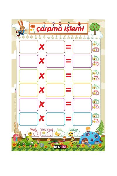 Baskı Life Yaz Sil 5'li Seti Eğlenceli Bölme, Çarpma, Çıkartma, Toplama Işlemi - A4 Pvc Karton