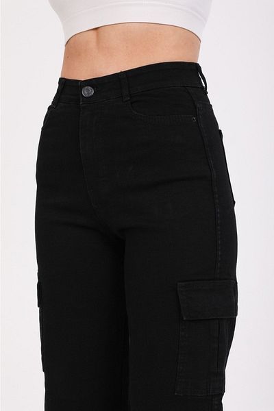 SHEVEGA Negru buzunar cargo Lycra talie înaltă pantaloni largi din denim cu picior lat Jean evazat
