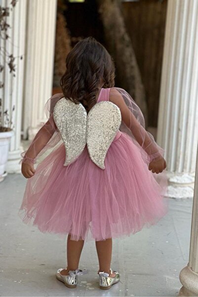 ABİYEKİDS Ροζ παιδικό βραδινό φόρεμα με φτερά αγγέλου Φόρεμα γενεθλίων 23 Απριλίου ABY895