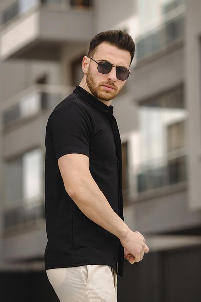 Oksit قميص رجالي من Dennie بجيب واحد وافل وأكمام قصيرة وياقة واقفة