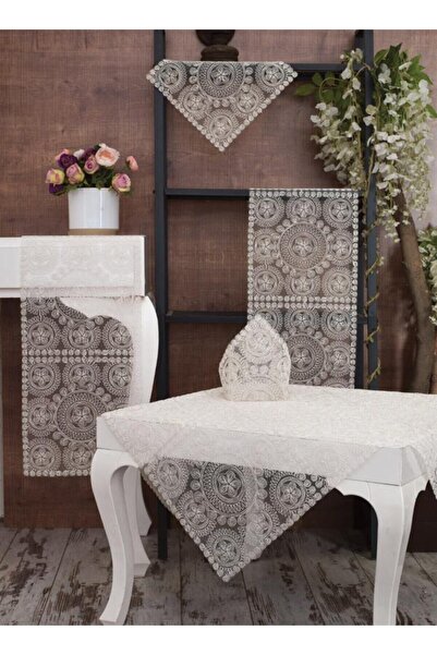 Tropikhome Amerikan Servis Victoria Kırık Beyaz Salon Takımı 5 Parça Nakış Çe...