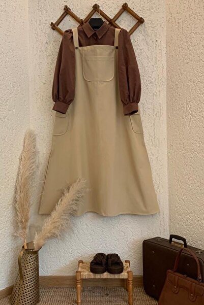 Ceylan Otantik Milk Brown Linen Skirt Salopet & Bitter Brown Classic Collar Crop Shirt
