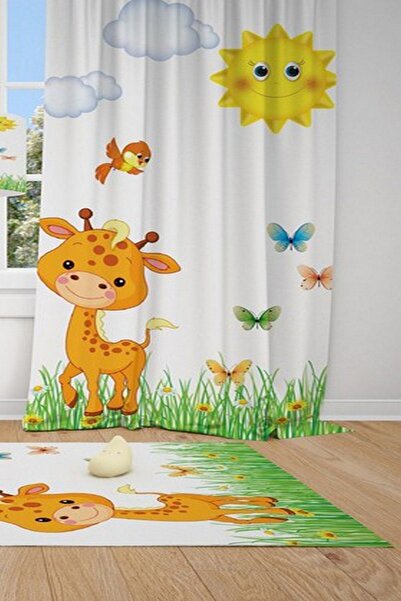 CİCİ ODAM 1 Kanat Zürafa,kuş,güneş,bulut,kelebek,çimen Çocuk Bebek Odası Perd...
