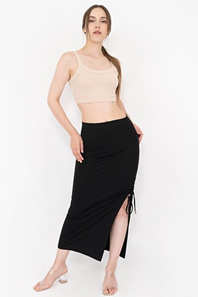 Soyo Women's Black Adjustable Gathered Viscose Slit Skirt