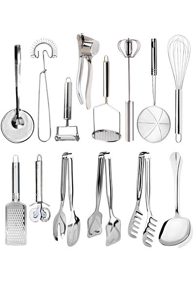 Mirilliahome 14 Pieces Economical Kitchen Prep Utensils Strainer Grater Peeler Beater Colander Serving Tongs Set