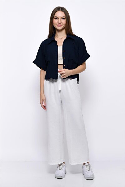 Nuseel Aerobin Crop Shirt Elastic Waist Trousers 2 Piece Set White