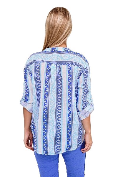 Cassime Cămașă de damă cu imprimeu etnic albastru - lenjerie din bumbac italian, cu nasturi
