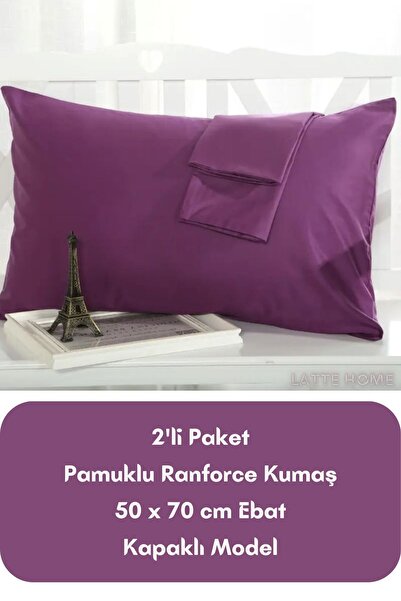 LATTE TEKSTİL Mor Renkli Ranforce Pamuklu Kumaş Kapaklı Model Yastık Kılıfı 2...