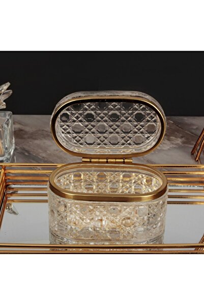 Genel Markalar Gold Detaylı Cam Kapaklı Hasır Desen Lüks Takı Mücevher Kutusu