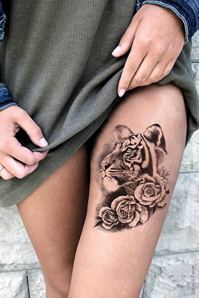 BearPear Gül ve Kaplan Büyük Boy Geçici Dövme Unisex Tiger Tattoo
